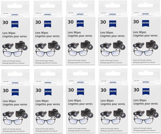 Tien pakken Zeiss lensdoekjes, elk met 30 doekjes, met afbeeldingen van een bril en een camera.