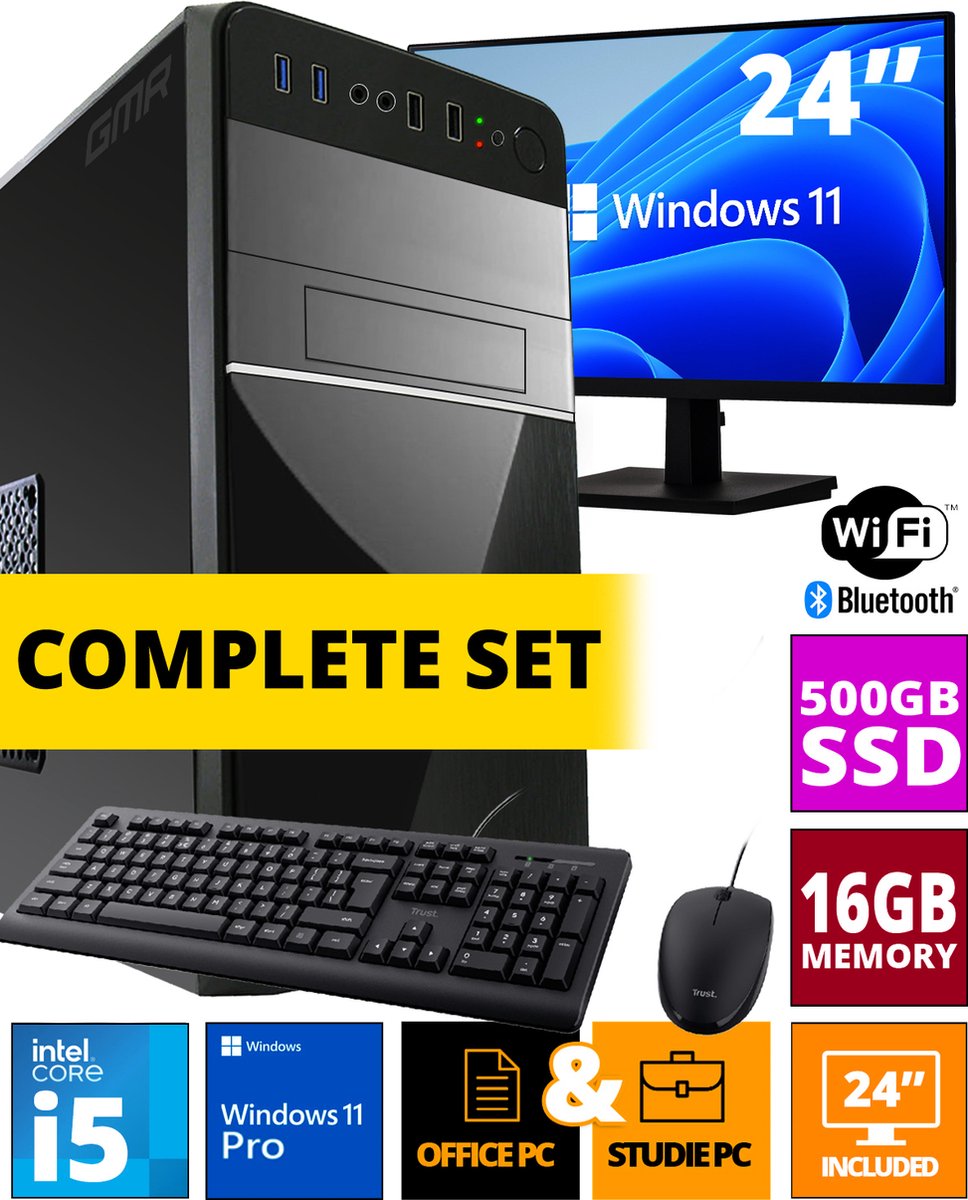GMR - Intel Compleet PC SET | Intel Core i5 | 16 GB RAM | 500 GB SSD | Windows 11 Pro | Inclusief 24