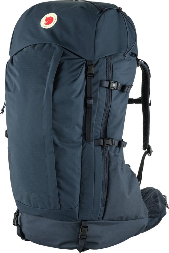 Donkerblauwe Abisko Friluft trekkingrugzak met logo op de klep.