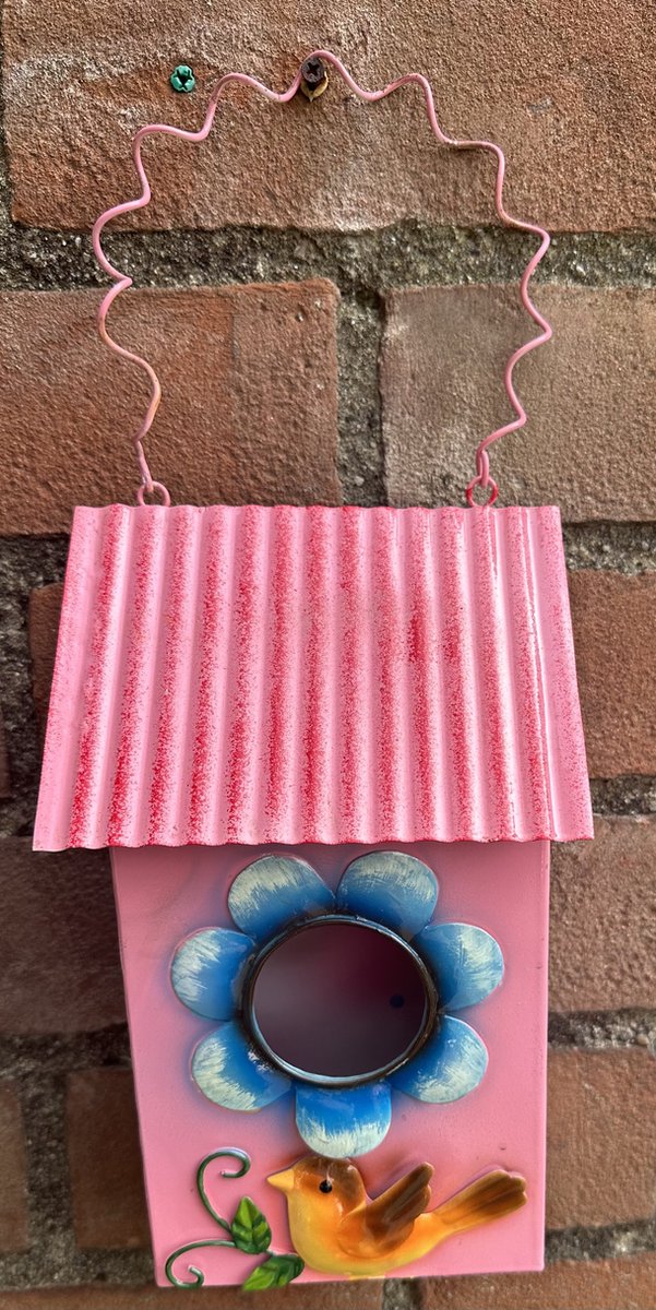 Metalen (tuin) decoratie "vogelhuisje" met bloem en vogel - roze + meerkleurig - hoogte 35 x 15 x 6.5 cm - Tuinaccesoires - Tuindecoratie - Vogelhuisjes