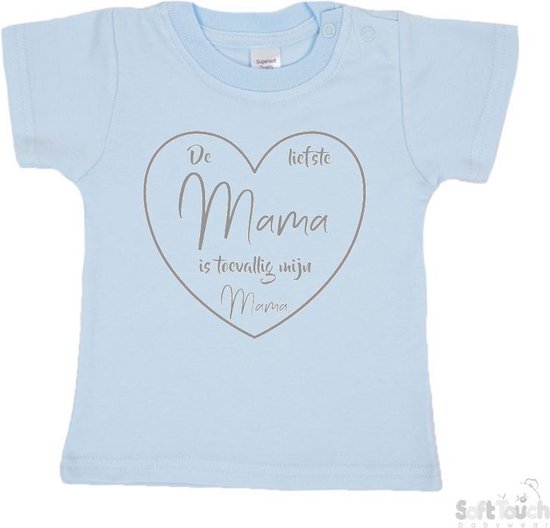 Soft Touch T-shirt Shirtje Korte mouw "De liefste mama is toevallig mijn mama" Unisex Katoen Blauw/grijs Maat 62/68