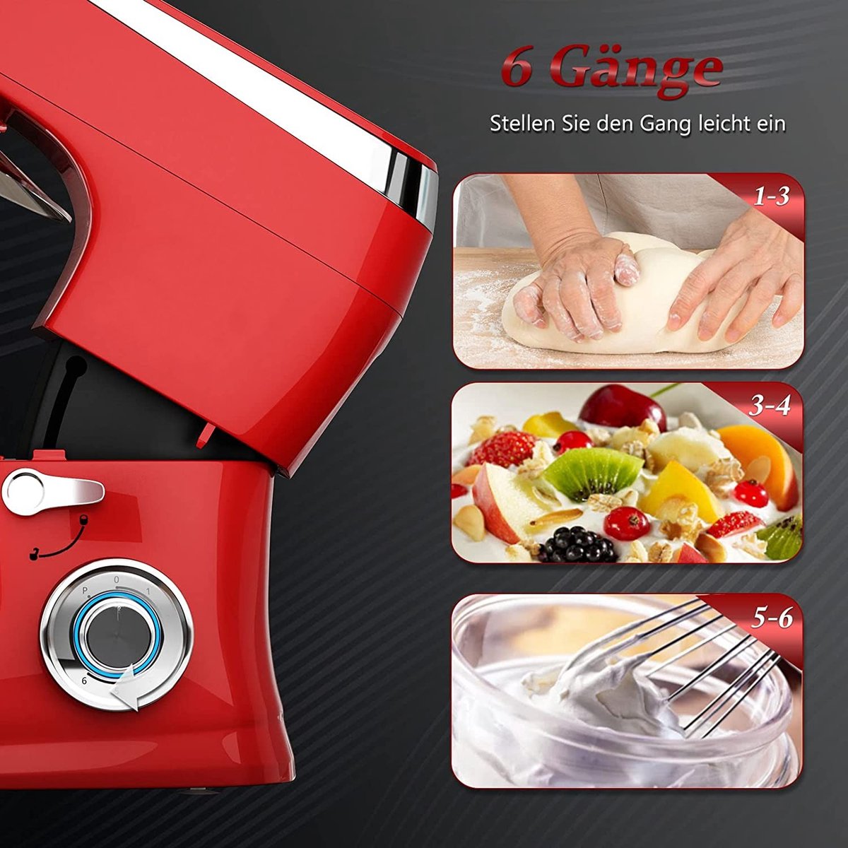 Royalty Line Keukenmachine - Keukenrobot - 2100W - Foodprocessor met 7 Snelheidsstanden + LED, incl. Garde / Kneedhaak / Mengarm en Blender, Met Spatscherm & RVS Mengkom Van 7.5 Liter - Rood — afbeelding 5