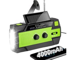 Noodradio Solar Opwindbaar en Batterij - Noodpakket - Draagbare Survival Radio - 4000 mAh - Powerbank Zonneenergie - Bouwradio - Zaklamp – Groen