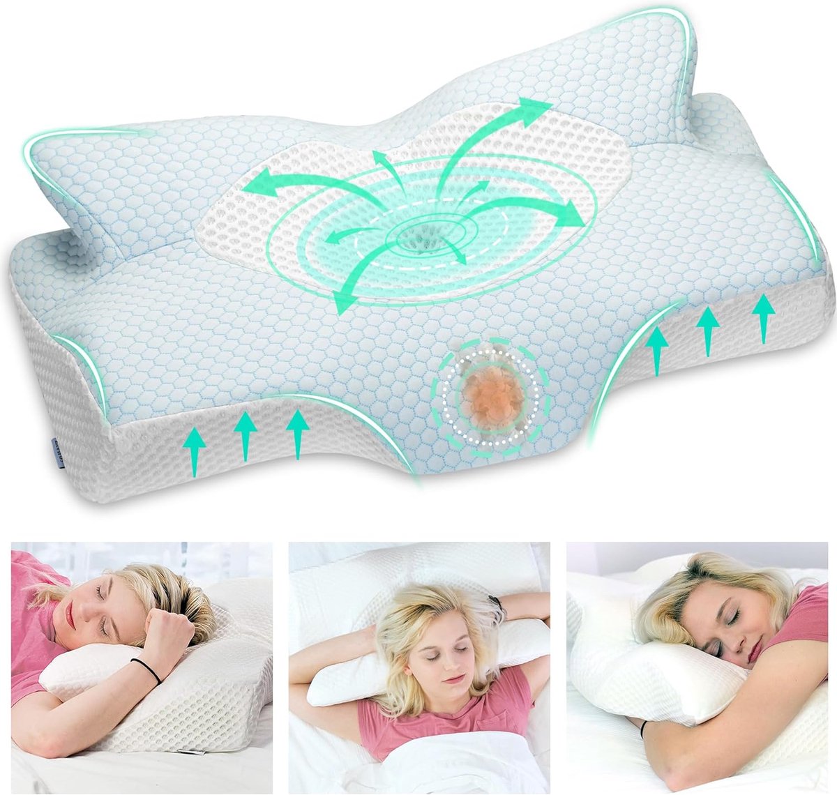 ervicaal orthopedisch kussen van traagschuim, uitneembaar ergonomisch nekkussen voor hals schouderpijn, neksteunkussen voor zijslaper (Blauw 64 x 12,5/10,5 x 42cm)