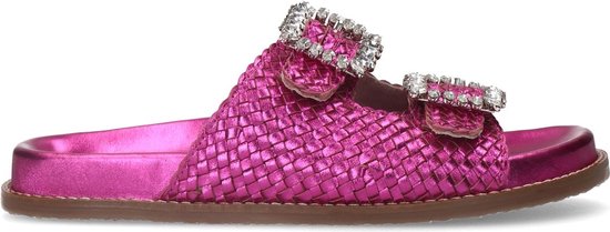 Sacha - Dames - Roze leren slippers met strass gespen - Maat 40