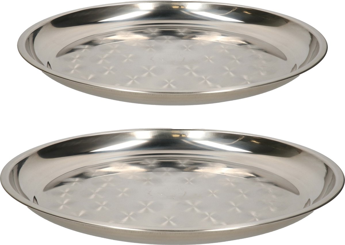 B-Home serveerschalen set - 2x stuks - rond - zilver - rvs - dia 30 en 40 cm - voedsel serveren