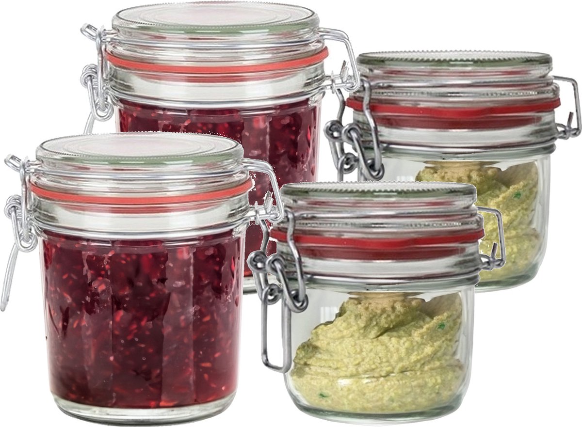 Weckpotten/inmaakpotten - set 4x stuks - 200 ml/400 ml - glas - met beugelsluiting - luchtdicht