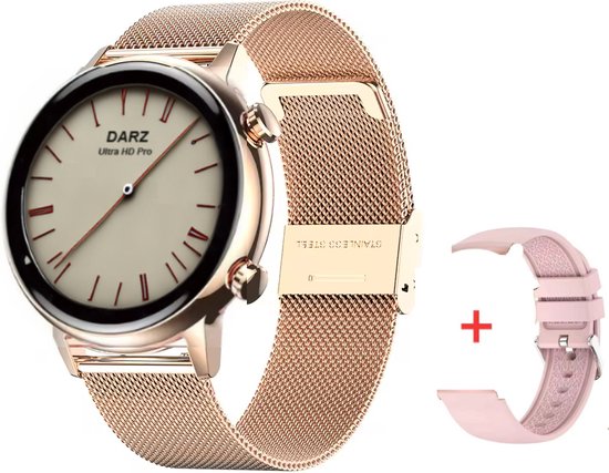 Montre connectée DARZ Ultra HD Pro - Smartwatch Femme - Écran tactile HD - Montre - Podomètre - Tensiomètre - Moniteur de saturation - Fréquence cardiaque - Or rose - iOS et Android