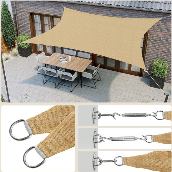 Zonnezeil/schaduwdoek; Van HDPE-kunststof  Polyethyleen ; Scheurt Niet Is Weerbestendig Met Uv Bescherming Luchtdoorlatend Voor Tuin Balkon Terras Camping Met Scheerlijnen 2 X 2 M Zandgeel