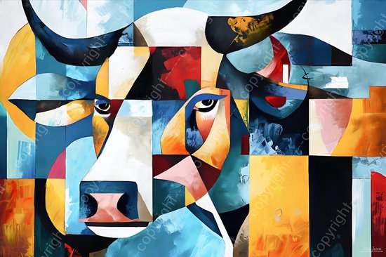 JJ-Art (Canvas) 120x80 | Koe / stier, abstract, close up, kubisme, kleurrijk, kunst | dier, koe, stier, rood, bruin, blauw, geel, wit, modern | Foto-Schilderij canvas print (wanddecoratie)