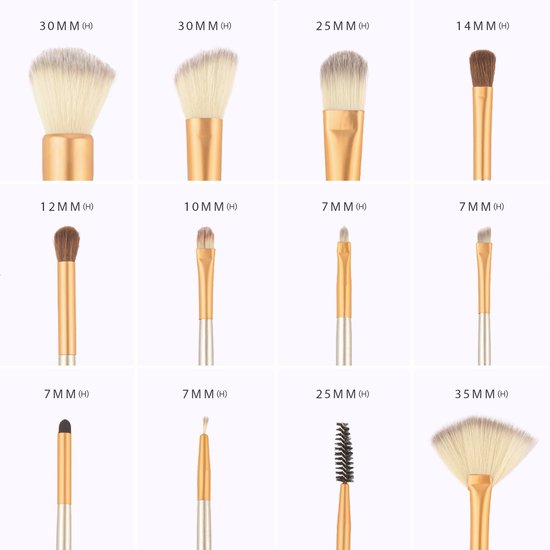 Set van 12 make-up kwasten met gouden houders en witte tot bruine borstelharen.