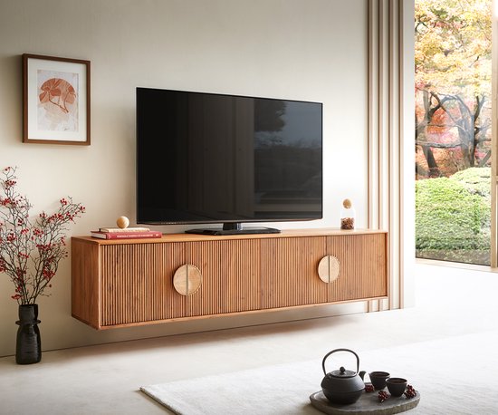 Tv-meubel Surimu acacia lichtbruin 175 cm 4 deurs kurkgreep zwevend lowboard