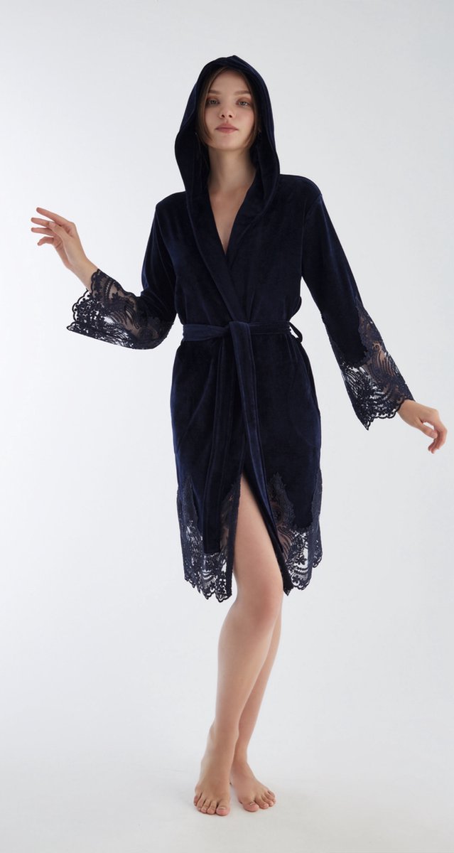 Dames Velour Ochtendjas/ Badjas Kamilla / Donker Blauw / maat M