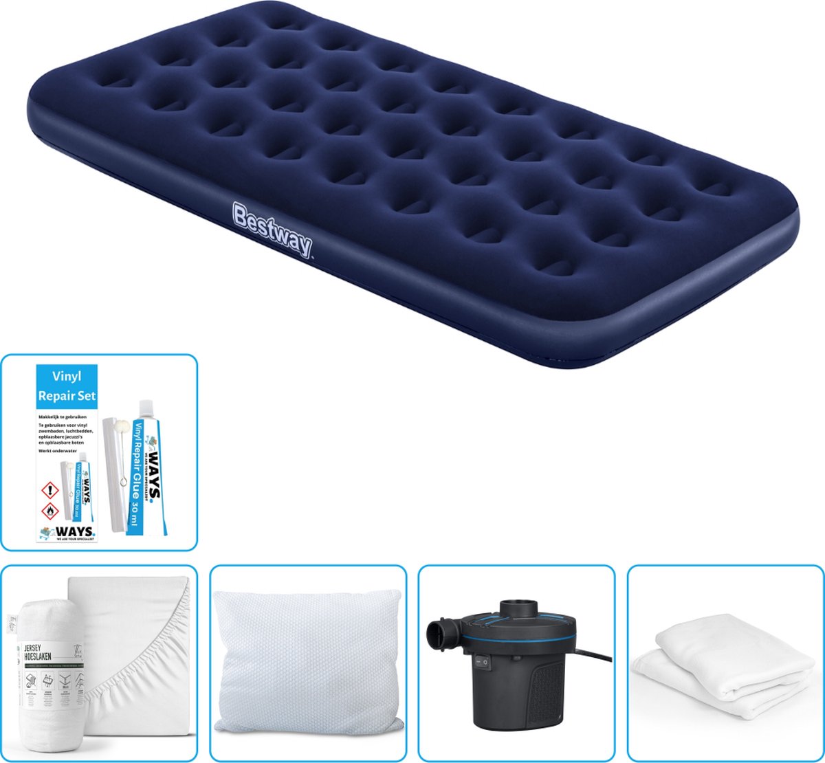 Bestway luchtbed - 1-Persoons - 99 x 188 x 22 cm - Blauw - Inclusief Hoeslaken - Kussen - Kussenbeschermer - Pomp en Reparatieset