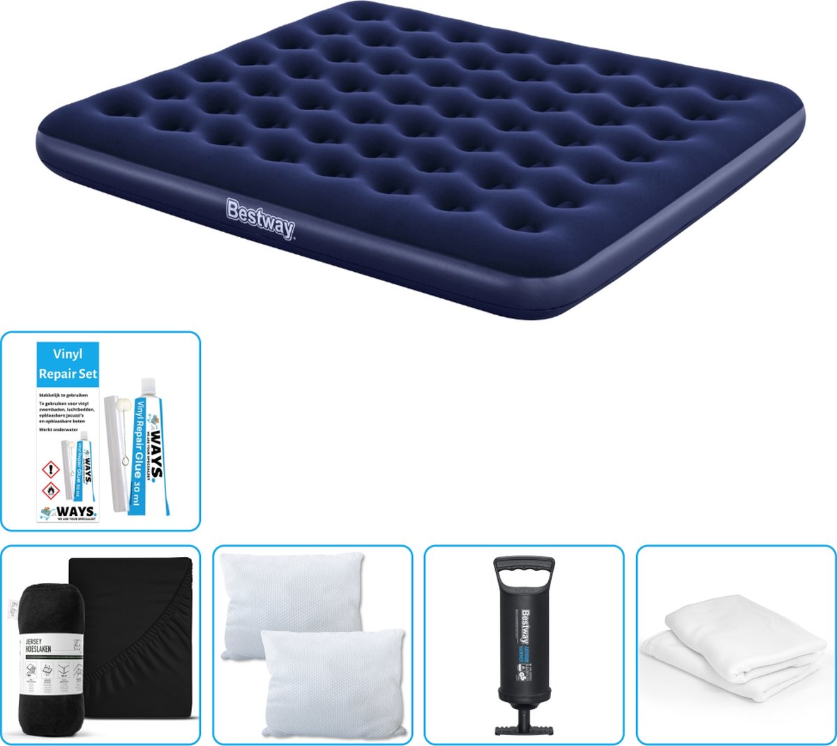 Bestway luchtbed - 2-Persoons - 183 x 203 x 22 cm - Blauw - Inclusief Hoeslaken - Kussen - Kussenbeschermer - Pomp en Reparatieset