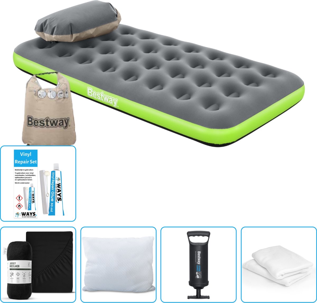 Bestway luchtbed - 1-Persoons - 99 x 188 x 22 cm - Grijs/Groen - Inclusief Hoeslaken - Kussen - Kussenbeschermer - Pomp en Reparatieset