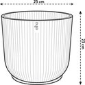 Schematische tekening van een Elho Vibes Fold bloempot in olijfgroen, met afmetingen 25 cm breed en 23 cm hoog.