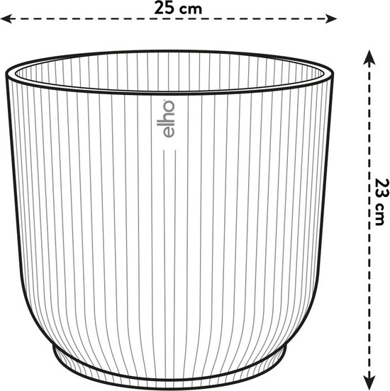 Schematische tekening van een Elho Vibes Fold bloempot in olijfgroen, met afmetingen 25 cm breed en 23 cm hoog.