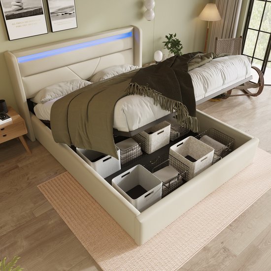 BLSYHDH Bed met kofferbak, 140 x 190 cm, hydraulisch gevoerd, gestoffeerd bed met opbergruimte voor tweepersoonsbed met opbergruimte en lattenbodem (gebroken wit flanel-A, 140 x 190 cm