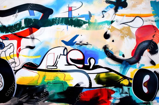 JJ-Art (Glas) 90x60 | Race auto in Herman Brood stijl, abstract, kleurrijk, kunst | sport, rood, wit, blauw, geel, modern | Foto-schilderij-glasschilderij-acrylglas-acrylaat-wanddecoratie