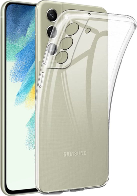 Transparante siliconen hoes voor Samsung Galaxy S21 FE 5G, gedeeltelijk op de telefoon geplaatst, toont het Samsung logo.