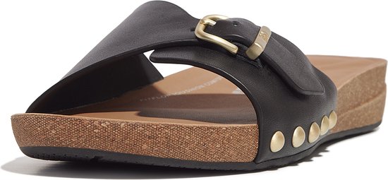 FitFlop Iqushion Adjustable Buckle Leather Slides ZWART - Maat 40