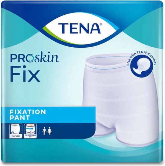 Verpakking TENA Proskin Fix fixatiebroek, maat M, met afbeelding van de broek.