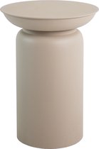 Beige, cilindervormige bijzettafel met een verhoogd rond tafelblad.
