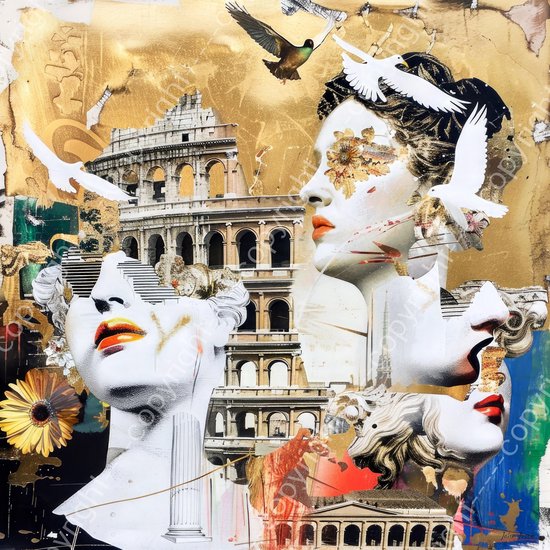 JJ-Art (Canvas) 60x60 | Rome, Colosseum, abstract, beelden, mensen, vogels, abstract, kunst | stad, Italie, collage, vierkant, wit, rood, goud, bruin, rood, blauw, modern | Foto-Schilderij canvas print (wanddecoratie)
