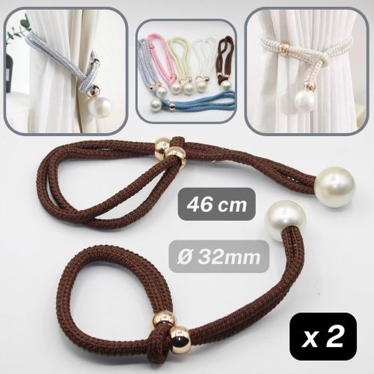 1 PAAR LUXE GORDIJNHOUDERS/EMBRASSES GORDIJN, GORDIJNKOORD om te Knopen, Lengte 46CM, Maximale Dikte 32MM, Met GOUDEN KOORDEINDEN en WITTE KOORDSTOPKNOOP, Kleur BRUIN
