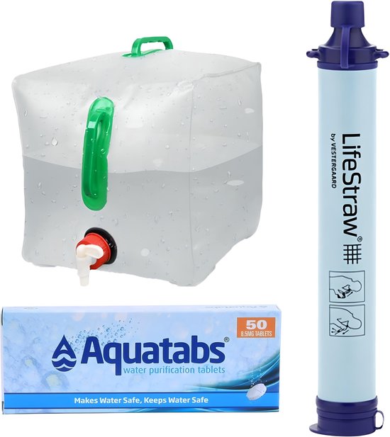 Nereb - Aquatabs + LifeStraw Personal waterfilter + 20L Jerrycan/Watertank - Opvouwbaar- Kraan