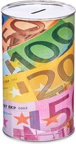 Spaarpot blik met een paar euro biljetten - gekleurd - 10 x 17 cm - Kinderen/volwassenen