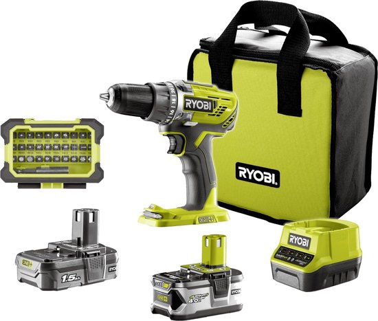 RYOBI - Trio ONE 18 V: klopboormachine decoupeerzaag haakse slijper 2 accu's (2,0 Ah en 4,0 Ah) snellader - levering in 1 grote draagtas