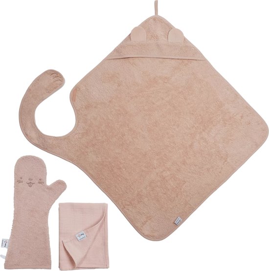 The Original Baby Shower Glove met Handsfree Badcape en Hydrofiele doek - Nifty - Baby Washandje - Lange washand - Badcape 100x100 - Washandje Baby - Biologisch Katoen – Blush