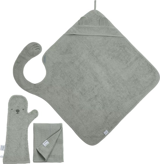 The Original Baby Shower Glove met Handsfree Badcape en Hydrofiele doek - Nifty - Baby Washandje - Lange washand - Badcape 100x100 - Washandje Baby - Biologisch Katoen – Olive