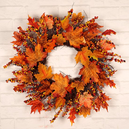 KyneLit Kunstmatige herfstkrans voordeur, pompoen, roos, bessentakken, gemengde bladeren, Thanksgiving-krans herfstdeurkrans voor Halloween, Thanksgiving, binnen, buitendecoratie (B KyneLit Kunstmatige herfstkrans voordeur, pompoen, roos, bessentakken, gemengde bladeren, Thanksgiving-krans herfstdeurkrans voor Halloween, Thanksgiving, binnen, buitendecoratie (B