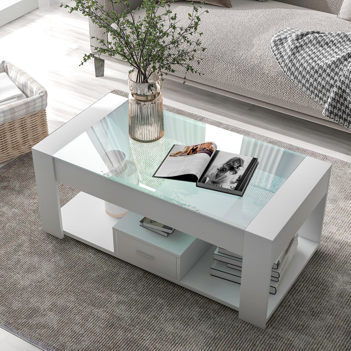 Sweiko Salontafel - Glazen tafelblad - met Lade - 100 x 50 x 40cm - Wit