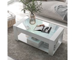 Sweiko Salontafel - Glazen tafelblad - met Lade - 100 x 50 x 40cm - Wit