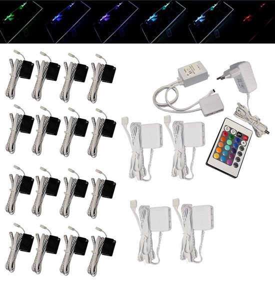 Trango Set van 14 RGB Kleur Veranderende LED Glazen Randverlichting 5022-14 incl. Afstandsbediening Kastverlichting I Glazen Vloerverlichting I Vitrine Verlichting I LED Clips I Meubelverlichting