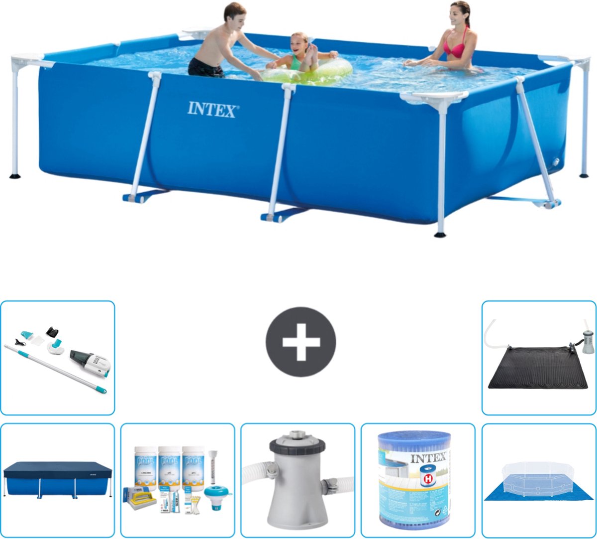 Intex Rechthoekig Frame Zwembad - 300 x 200 x 75 cm - Blauw - Inclusief Afdekzeil - Onderhoudspakket - Zwembadfilterpomp - Filter - Grondzeil - Stofzuiger - Solar Mat - 8-delig