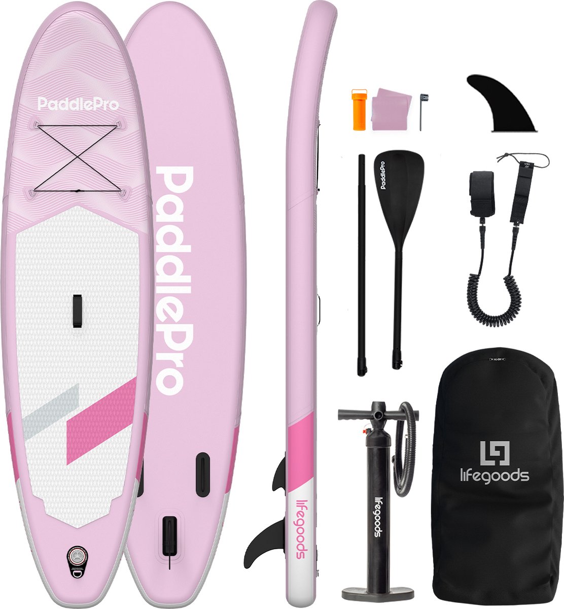 Bol.com LifeGoods SUP Board Allround Compact - 100 KG Draagkracht - 300 x 76 cm - Opblaasbaar - Compleet SUP pakket - Rose aanbieding