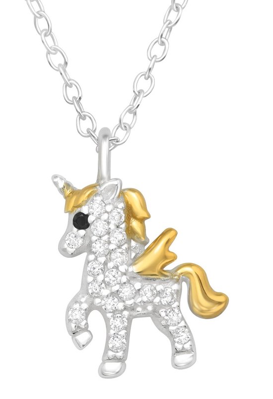 Joy|S - Zilveren eenhoorn paard hanger - met zirkonia's - 14k goedplating / goldplated manen en staart - inclusief ketting 39 cm (extra oogje bij 36 cm)