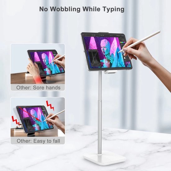 Zilveren tabletstandaard met een tablet erop. De tekst "No Wobbling While Typing" staat erboven.
