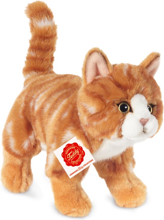 Hermann Teddy Knuffeldier kat/poes - zachte pluche stof - premium kwaliteit knuffels - rood/oranje - 20 cm