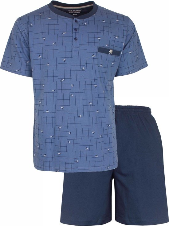 Paul Hopkins - Pyjama short pour hommes - Design imprimé - Fermeture polo - Blauw clair . - Taille XL