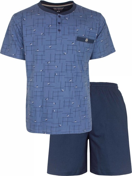 Paul Hopkins - Heren Shortama - Geprint Dessin - Polo Sluiting - Licht Blauw. - Maat XL