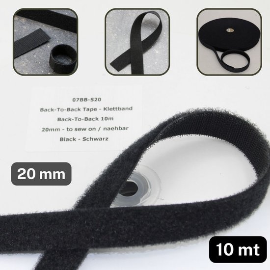 10 Meter BACK TO BACK/DUBBELZIJDIGE KLITTENBAND/VELCRO, op te Naaien Breedte 20MM, Kleur ZWART