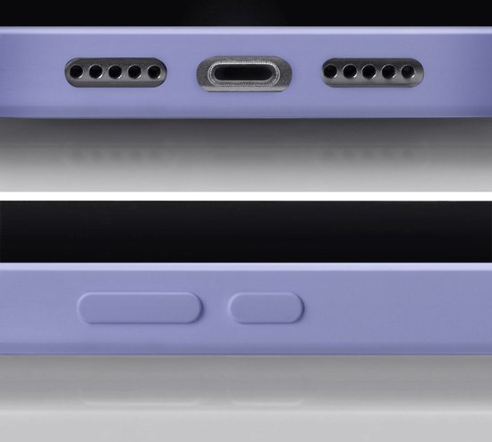 Gros plan du bas et du côté de la coque de téléphone lilas, avec ports et boutons.