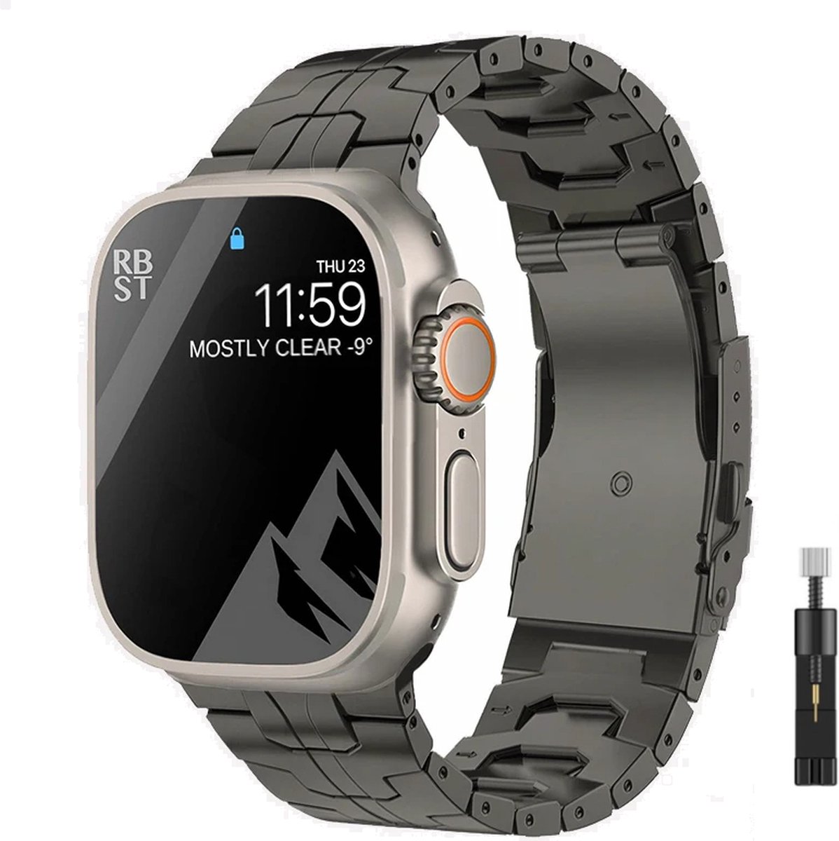 DrPhone TitaniumLux - Metalen Titanium Band - 49/44/42/45mm + Aanpaskit - Voor IOS Smartwatch Ultra / Watch - Space Grey