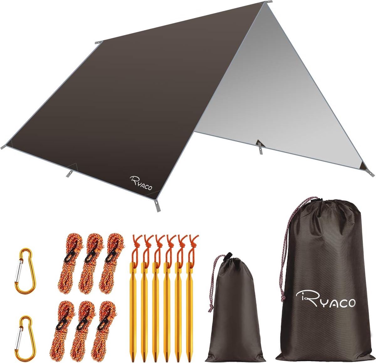 Camping tentzeil, 3 m x 3 m, waterdicht, voor hangmat, met 6 haringen en 6 touwen, anti-uv-regen, zonbescherming, licht, compact grondzeil, picknickdeken, hammock, voor buiten, camping, herbruikbaar
